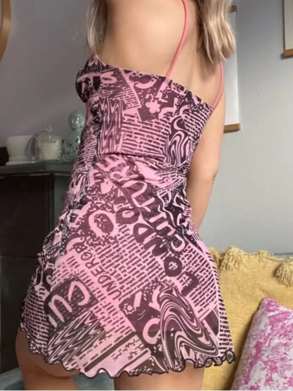 Urban Outfitters UO Elodie Mesh Slip Dress Newspaper Print Pink Black Size Large